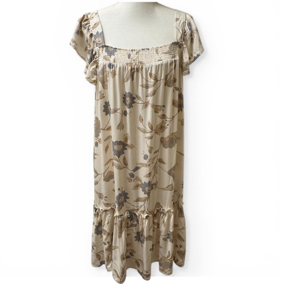 Wonderly Floral Smocked Square Neck Midi Dress Cream Blue Tan Flutter Sleeve M - Picture 1 of 7